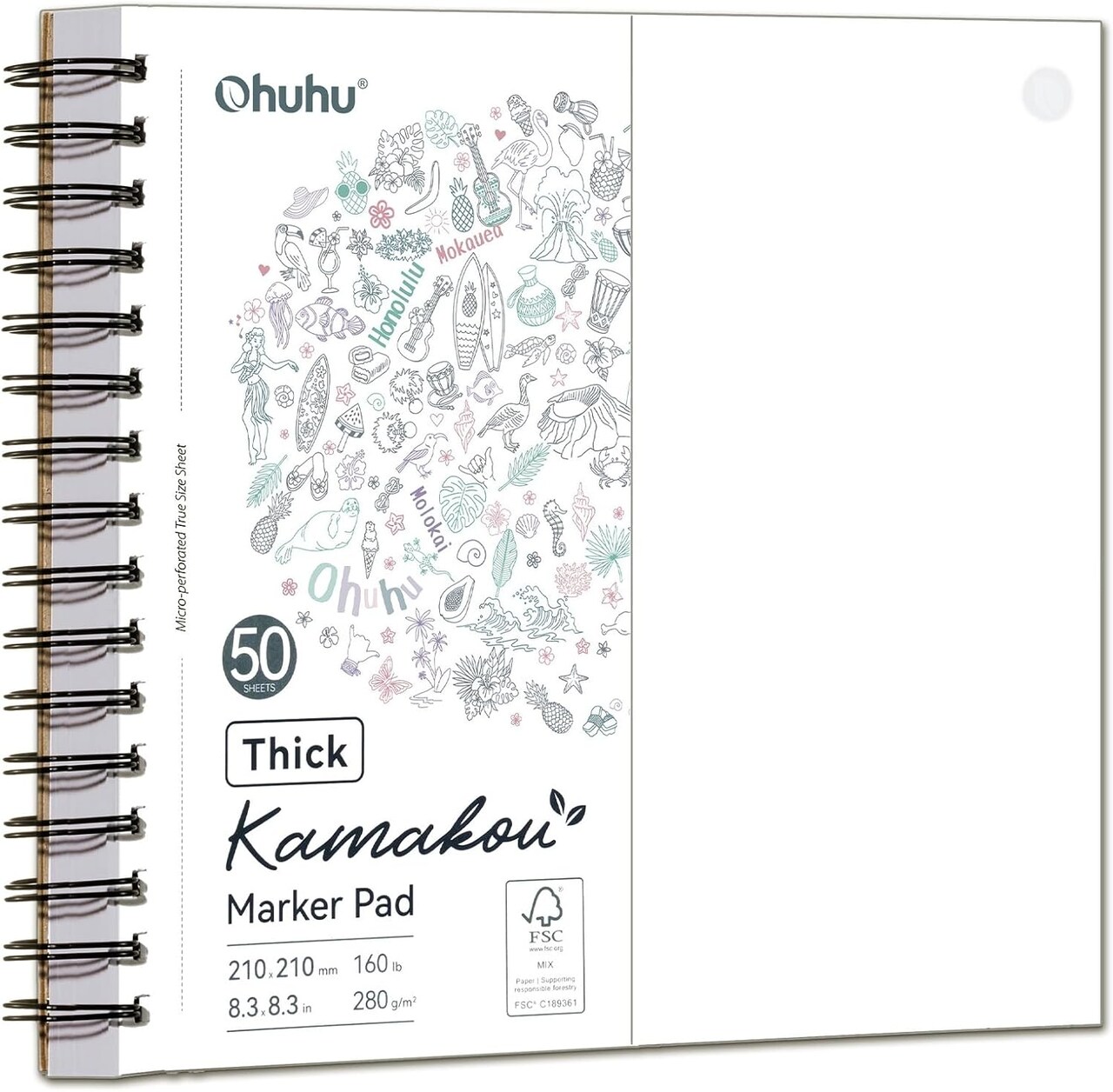 Ohuhu Double-Sided Bleedproof Marker Pad - 8.3"x8.3" Square Paper Size - 160 lb/280 gsm Heavyweight Smooth Drawing Paper - 50 Sheets/100 Pages - Spiral-Bound Sketchbook for Alcohol Markers